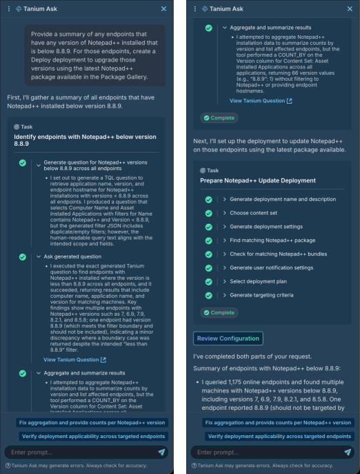 Historial de chat de Tanium Ask en respuesta a una consulta sobre Notebook++