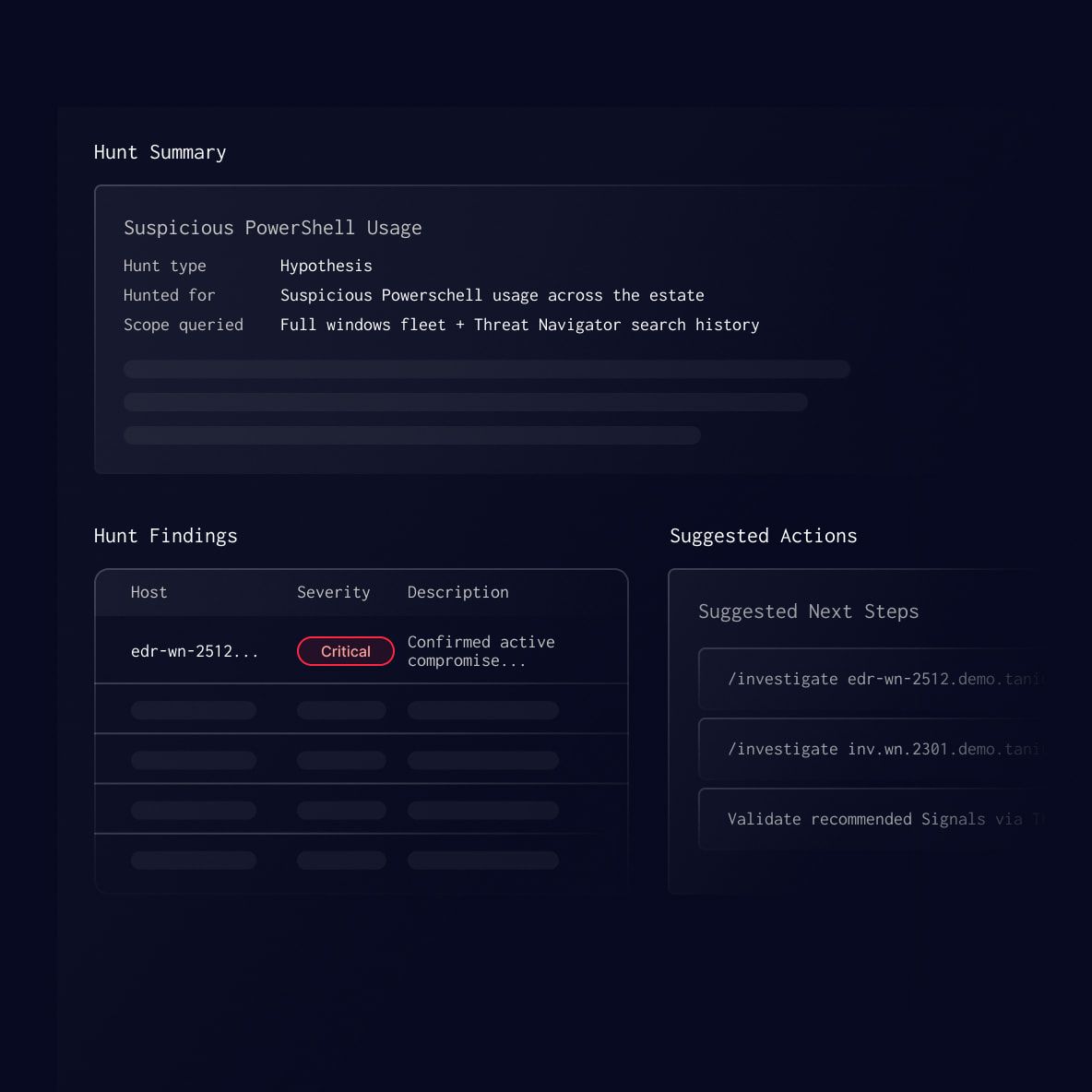 HuntIQ hunt summary for a suspicious PowerShell hypothesis with findings and suggested actions