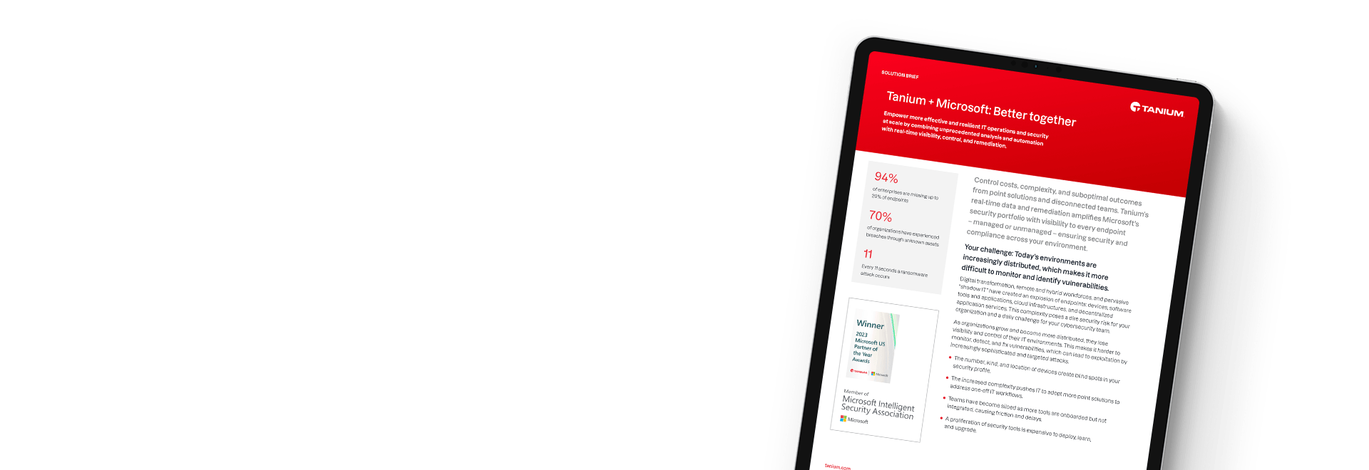 Tableta que muestra el resumen de la solución de Tanium y Microsoft