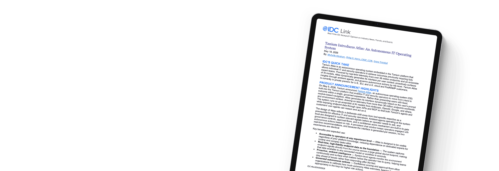 Tablet mockup displaying IDC report on Tanium Atlas Autonomous IT Operating System