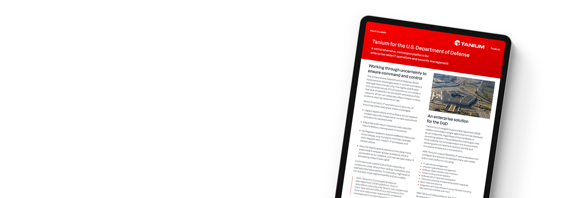 Tablet showing solution brief 'Tanium for the U.S. Department of Defense'