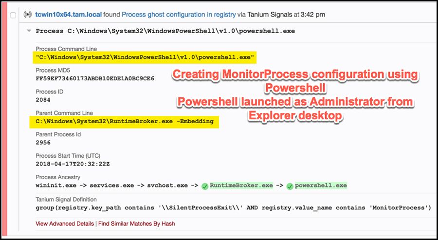 Tanium Signals muestra que PowerShell se inicia como administrador desde el Explorador