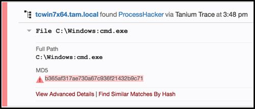 Tanium Trace muestra los detalles del proceso cmd.exe y de ProcessHacker