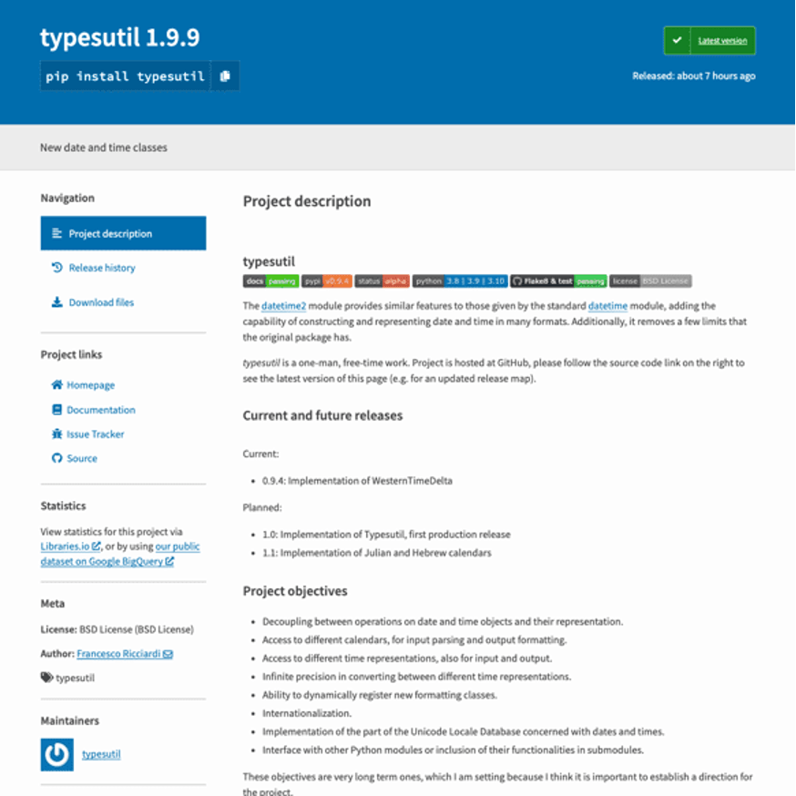 Página de inicio de PyPI para el paquete malicioso «typesutil»