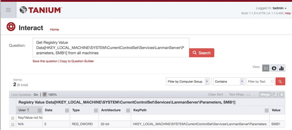 Consulta de Tanium Interact que muestra la configuración «Registro de Windows SMB1 » implementada en todos los equipos