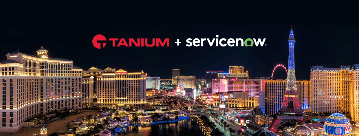 Logotipos de Tanium + ServiceNow sobre una toma nocturna del strip de Las Vegas
