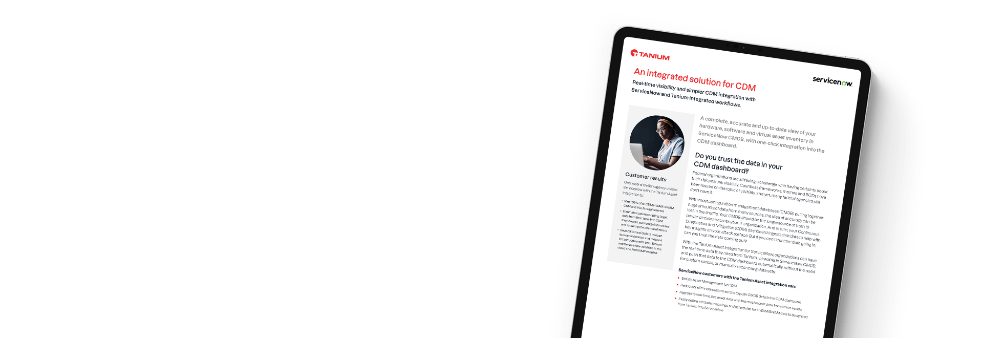 Tableta que muestra el resumen de solución de Tanium + ServiceNow para CDM con retrato