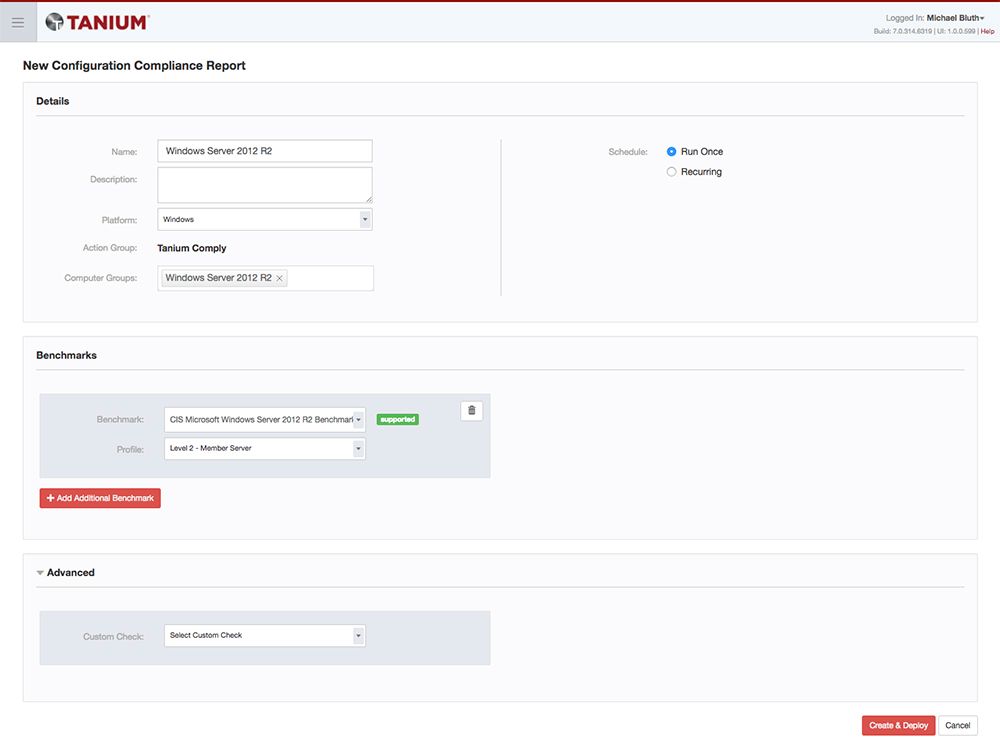 Formulario de Tanium Comply para crear un nuevo informe de cumplimiento de la configuración para Windows Server
