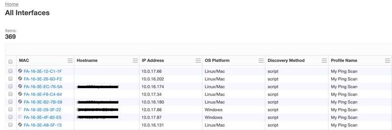 Captura de pantalla de la página «Todas las interfaces» de Tanium, en la que se muestran 369 interfaces de red con información sobre la dirección MAC, el nombre de host, la dirección IP y la plataforma del sistema operativo