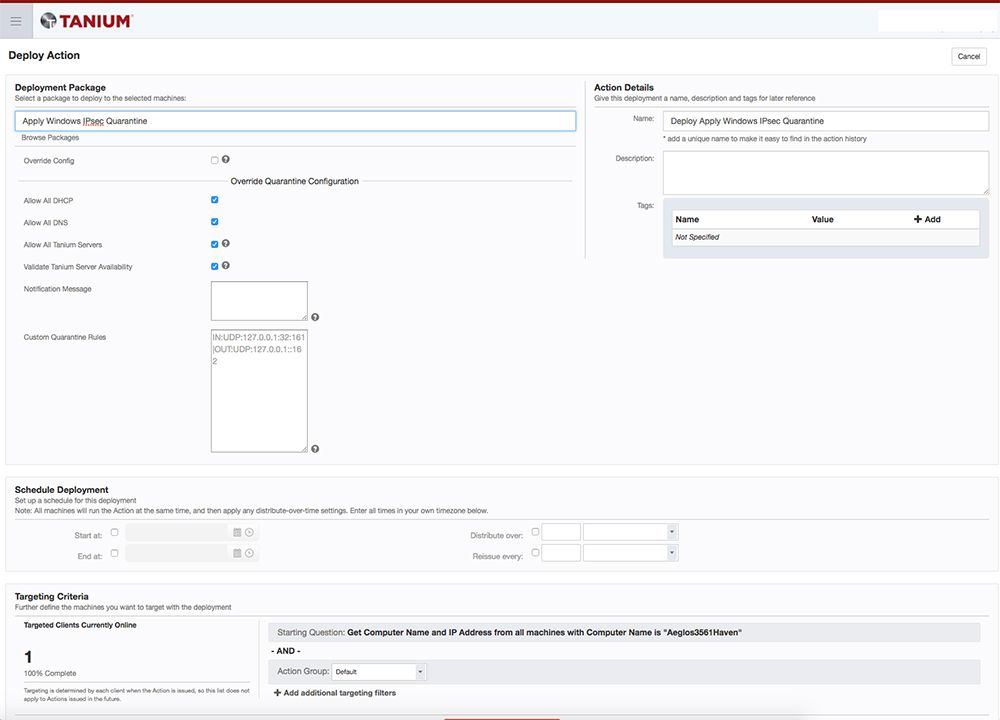 Captura de pantalla del formulario «Tanium Deploy Action» del producto