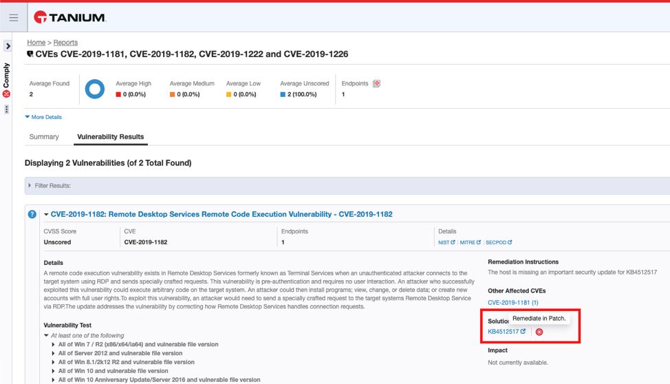 Captura de pantalla de los resultados de Tanium Comply sobre vulnerabilidades, en la que se muestra la información de CVE