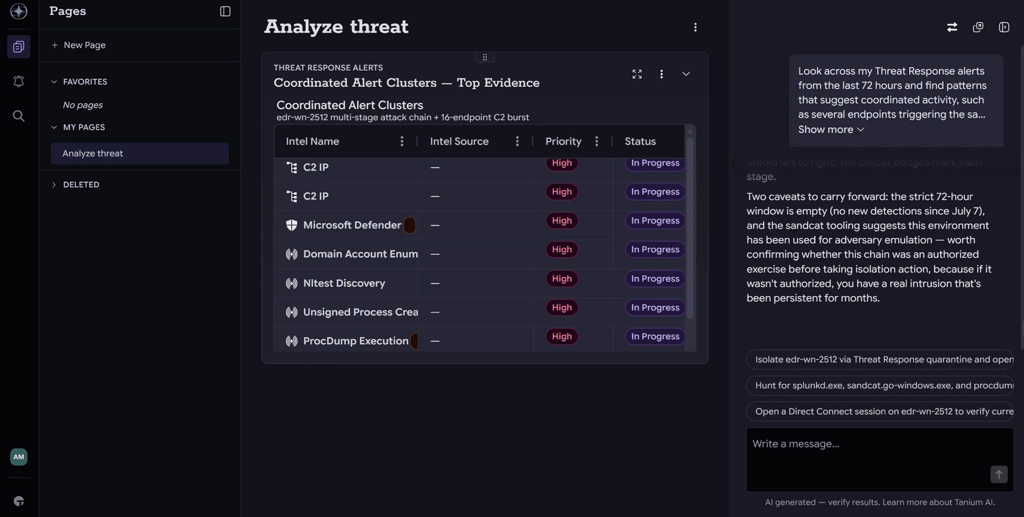 Agent-guided threat hunting in Tanium Atlas showing coordinated Threat Response alert clusters and AI-recommended next actions