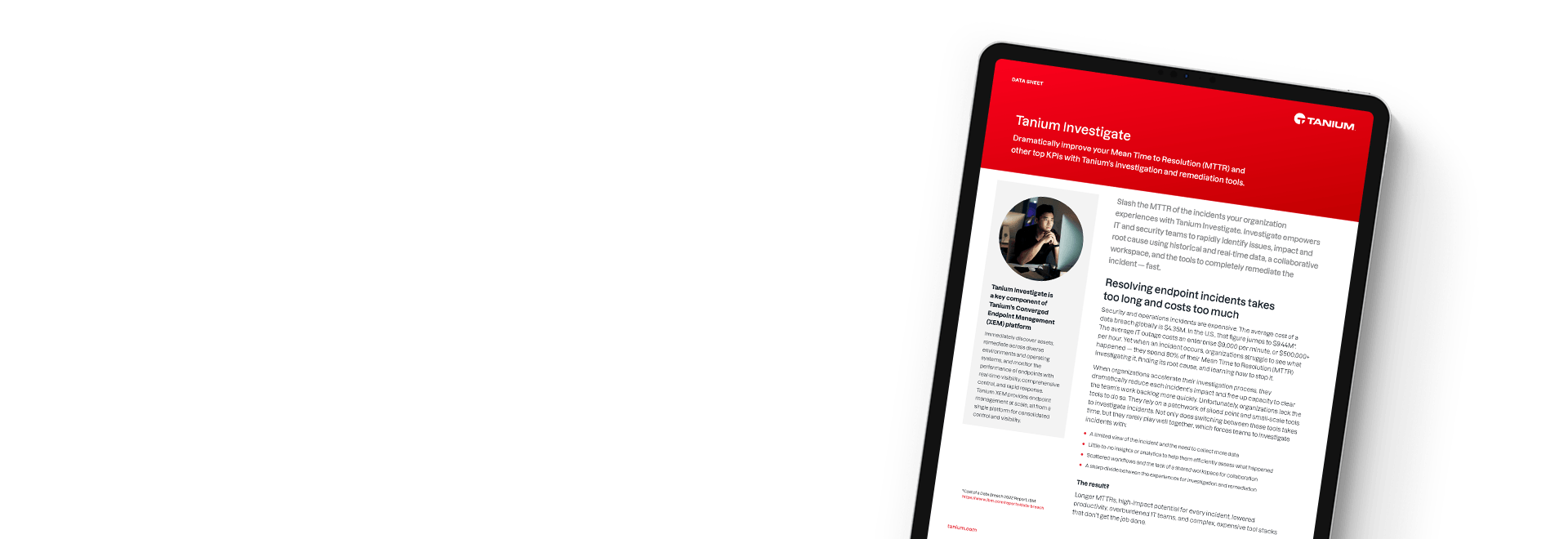 Tablet showing Tanium Investigate datasheet with portrait