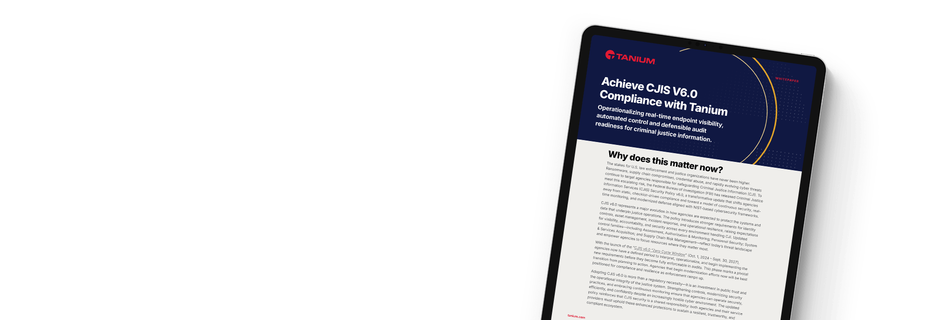 Tablet mockup displaying Achieve CJIS V6.0 Compliance with Tanium solution brief