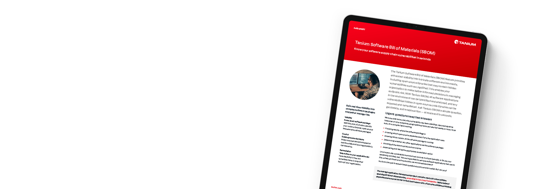 Tableta que muestra el resumen de Lista de materiales de software SBOM de Tanium