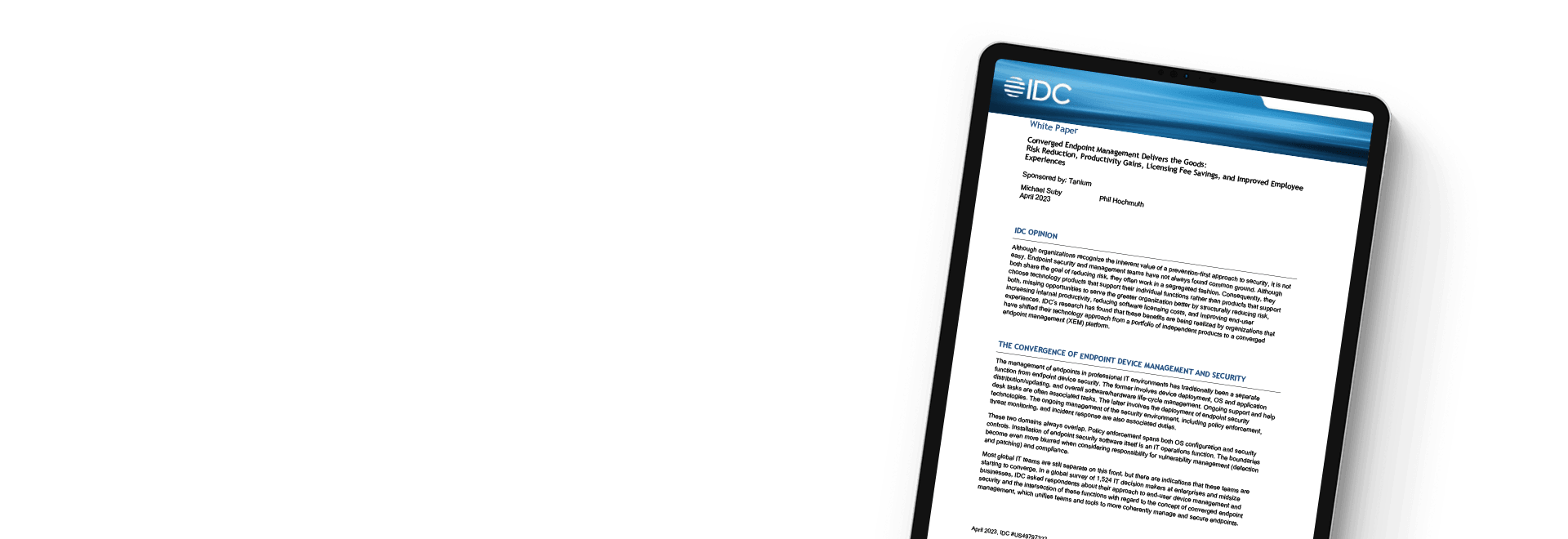 Tableta que muestra el documento técnico de IDC 'La gestión convergente de endpoints ofrece resultados'