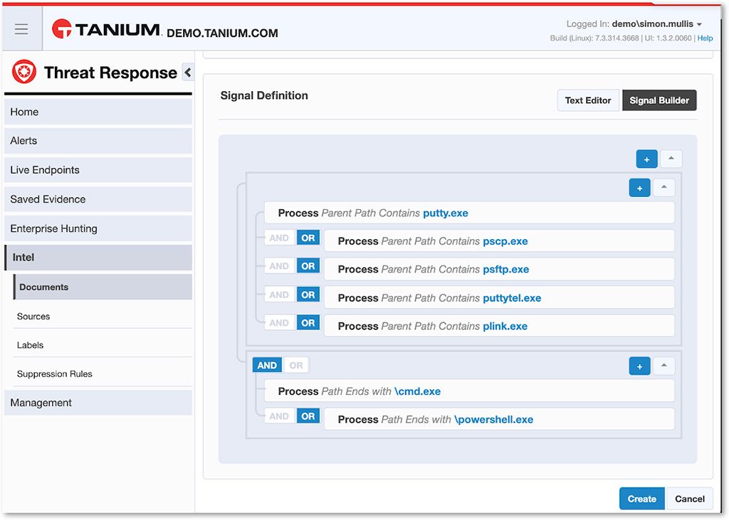 Captura de pantalla del generador de definiciones de señales de Tanium Threat Response con lógica «Y/O», en la que se muestran las reglas de detección de procesos para putty.exe y los ejecutables relacionados