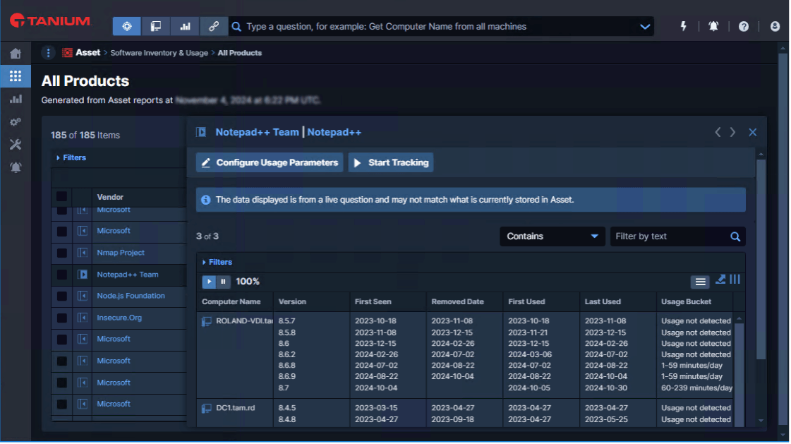 Captura de pantalla de Tanium Software Inventory en la que se muestran todo el catálogo de productos y las estadísticas de instalación