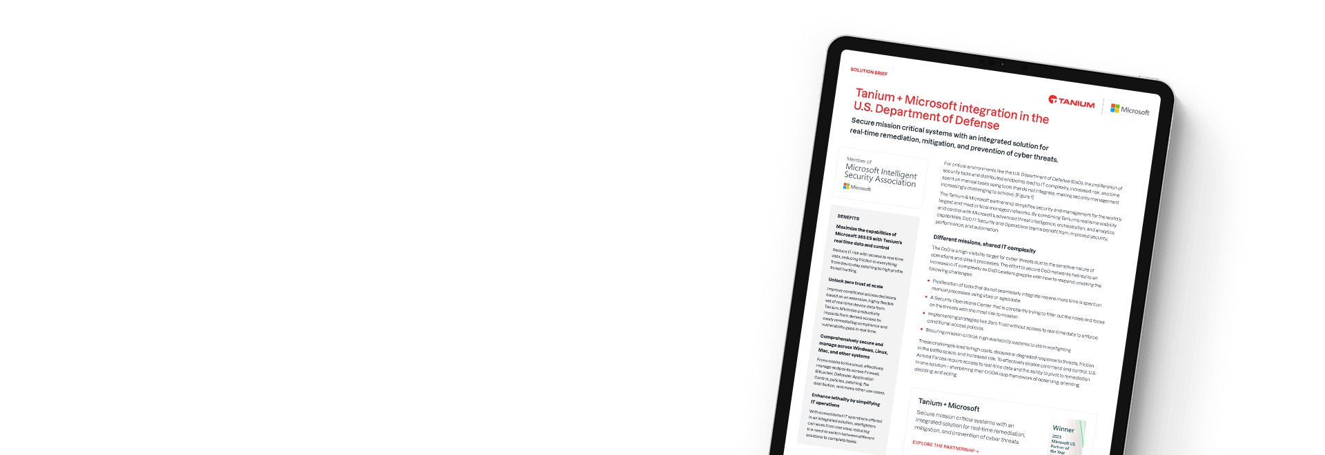 Tablet showing solution brief 'Tanium + Microsoft integration for the DoD'