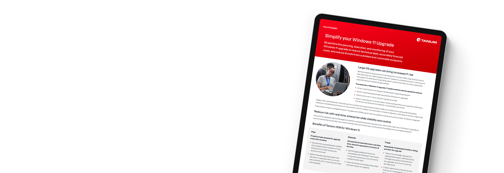 Tablet displaying solution brief 'Tanium for Windows 11'