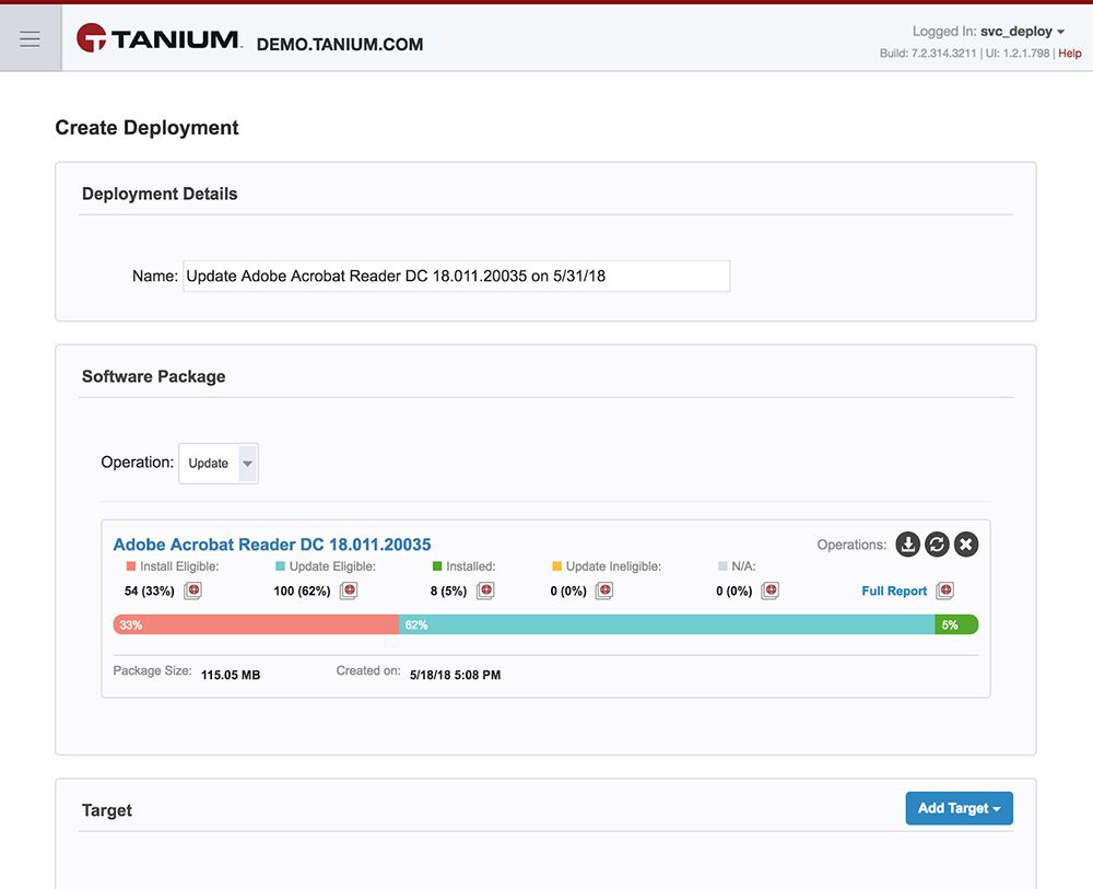 Interfaz de creación de implementaciones de Tanium Deploy para la actualización de Adobe Acrobat Reader, en la que se muestran los requisitos y el progreso de la instalación