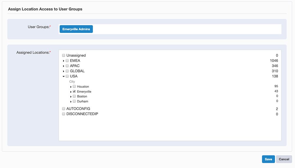 Interfaz de Tanium Discover en la que se muestra la asignación de acceso a la ubicación para grupos de usuarios
