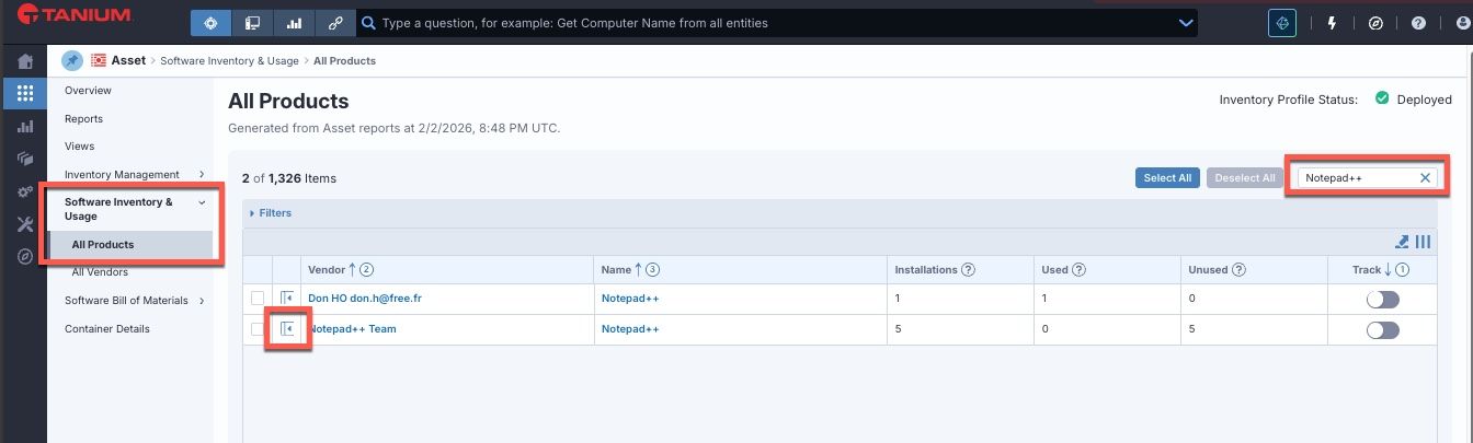 Captura de pantalla de «Uso e inventario» de Tanium Software, con una ruta de clics para localizar los dispositivos en los que se ejecuta Notepad++