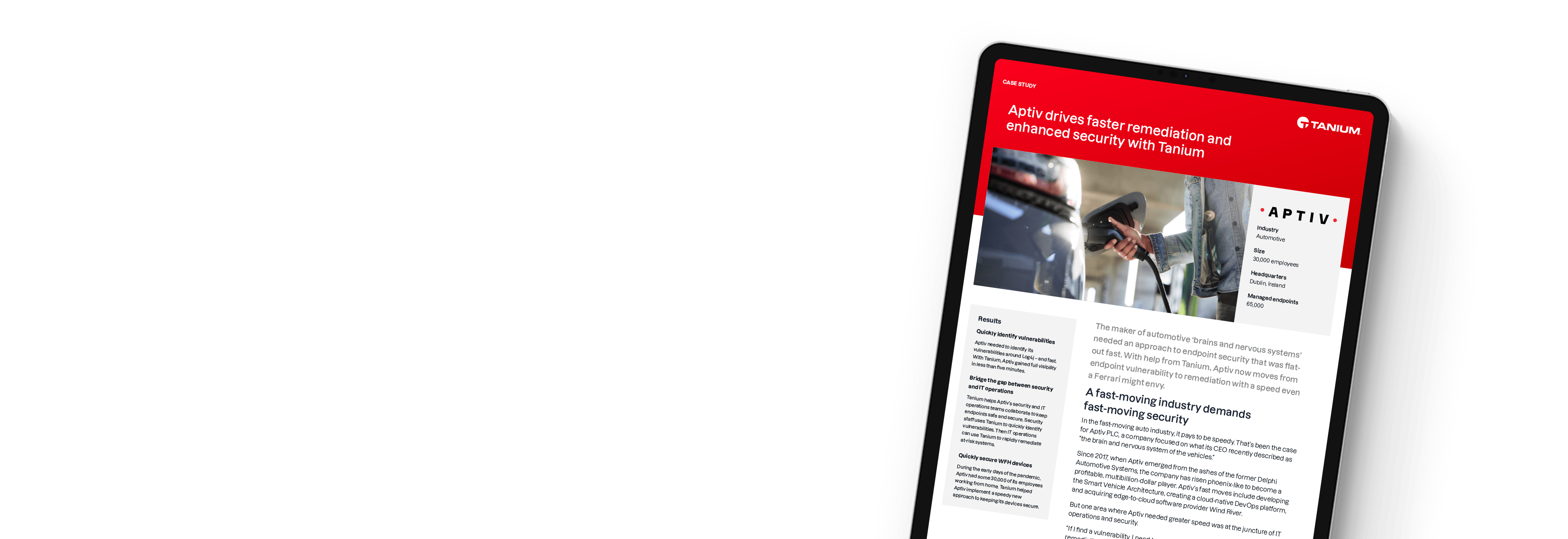 Tableta que muestra el caso de estudio 'Aptiv impulsa una corrección más rápida y una seguridad mejorada con Tanium'