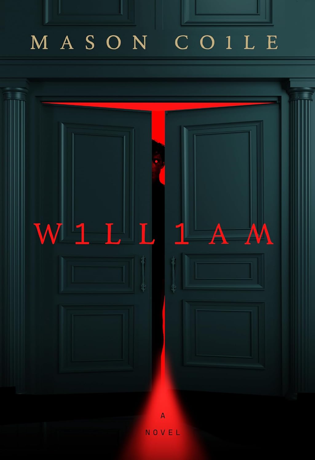 La portada del libro *William*, en la que se representa un par de puertas francesas de color azul oscuro entreabiertas, de las que se filtra una luz roja, y una figura siniestra que se perfila en su interior.