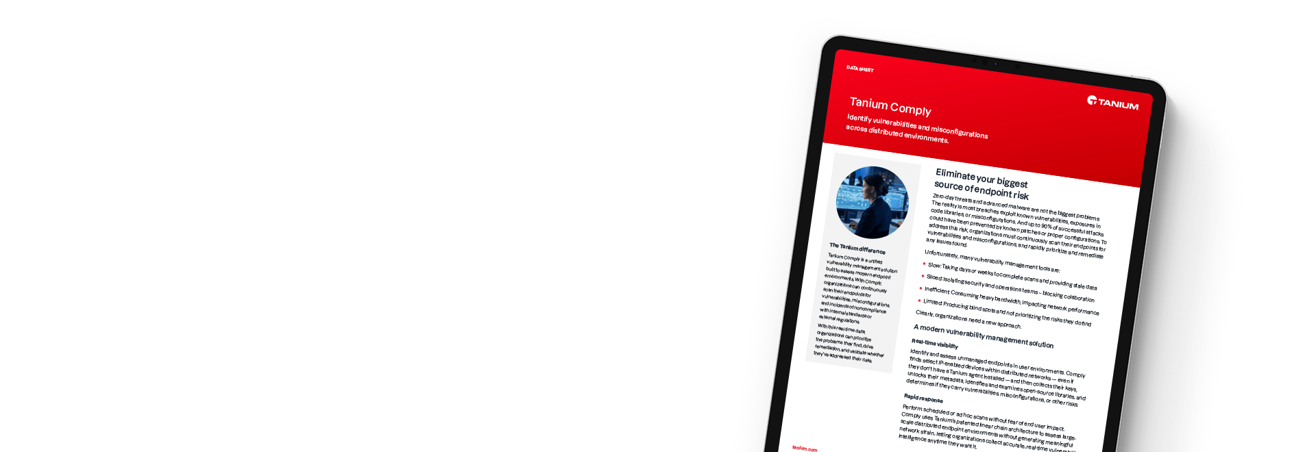 Tableta que muestra la hoja de datos de Tanium Comply para la gestión de vulnerabilidades