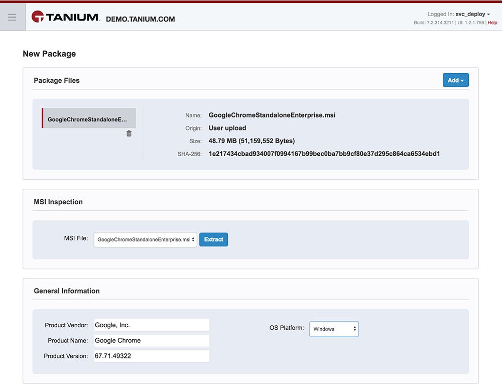 Interfaz de creación de paquetes de Tanium Deploy que muestra la carga del archivo MSI de Google Chrome y los detalles del paquete