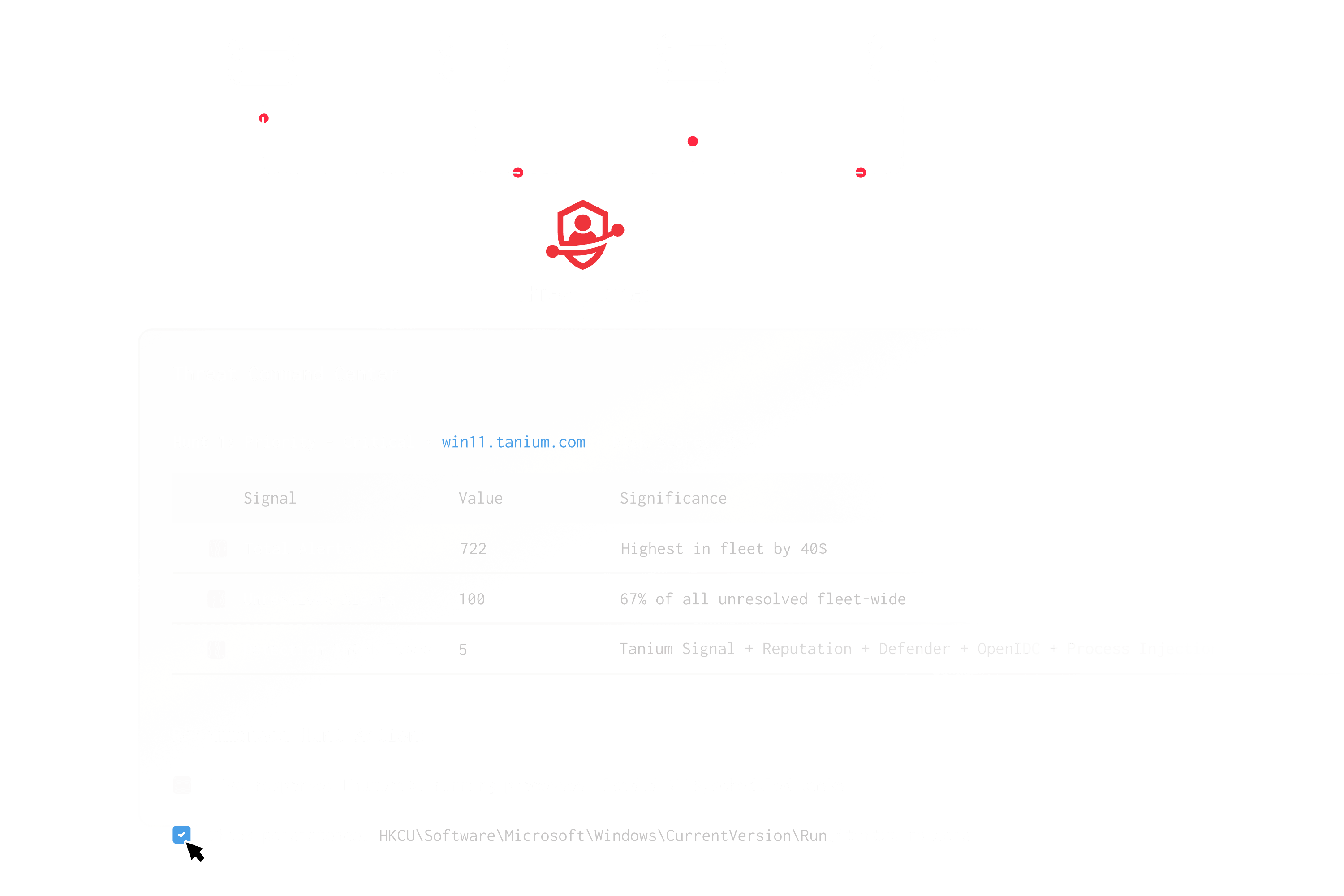 Illustration of a HuntIQ threat hunter connecting endpoint signals to a recommended hunt action