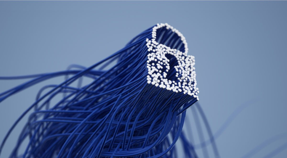 Ilustración de cables de fibra óptica azules con el símbolo de un candado digital