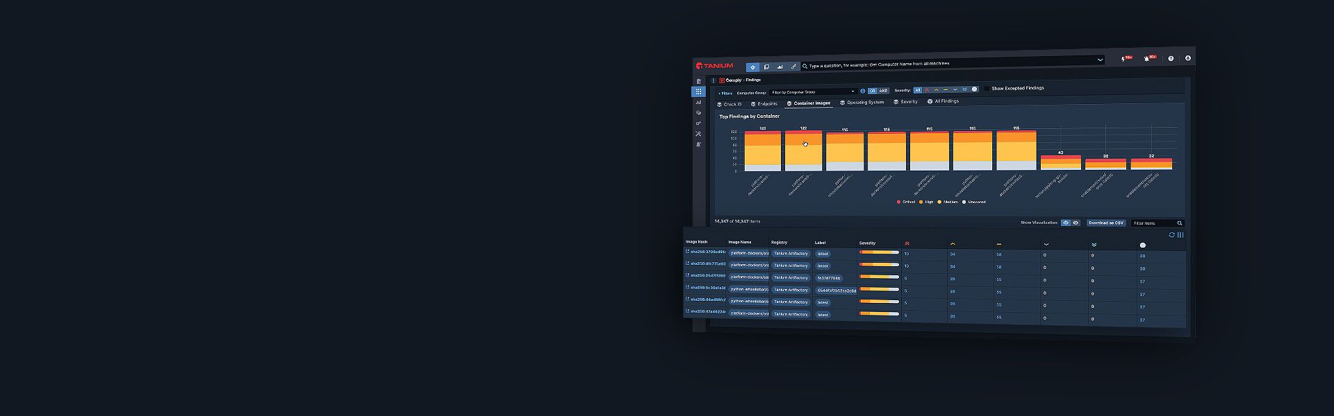 Maqueta del panel de control «Hero» de Tanium Cloud Workloads con datos sobre vulnerabilidades en contenedores