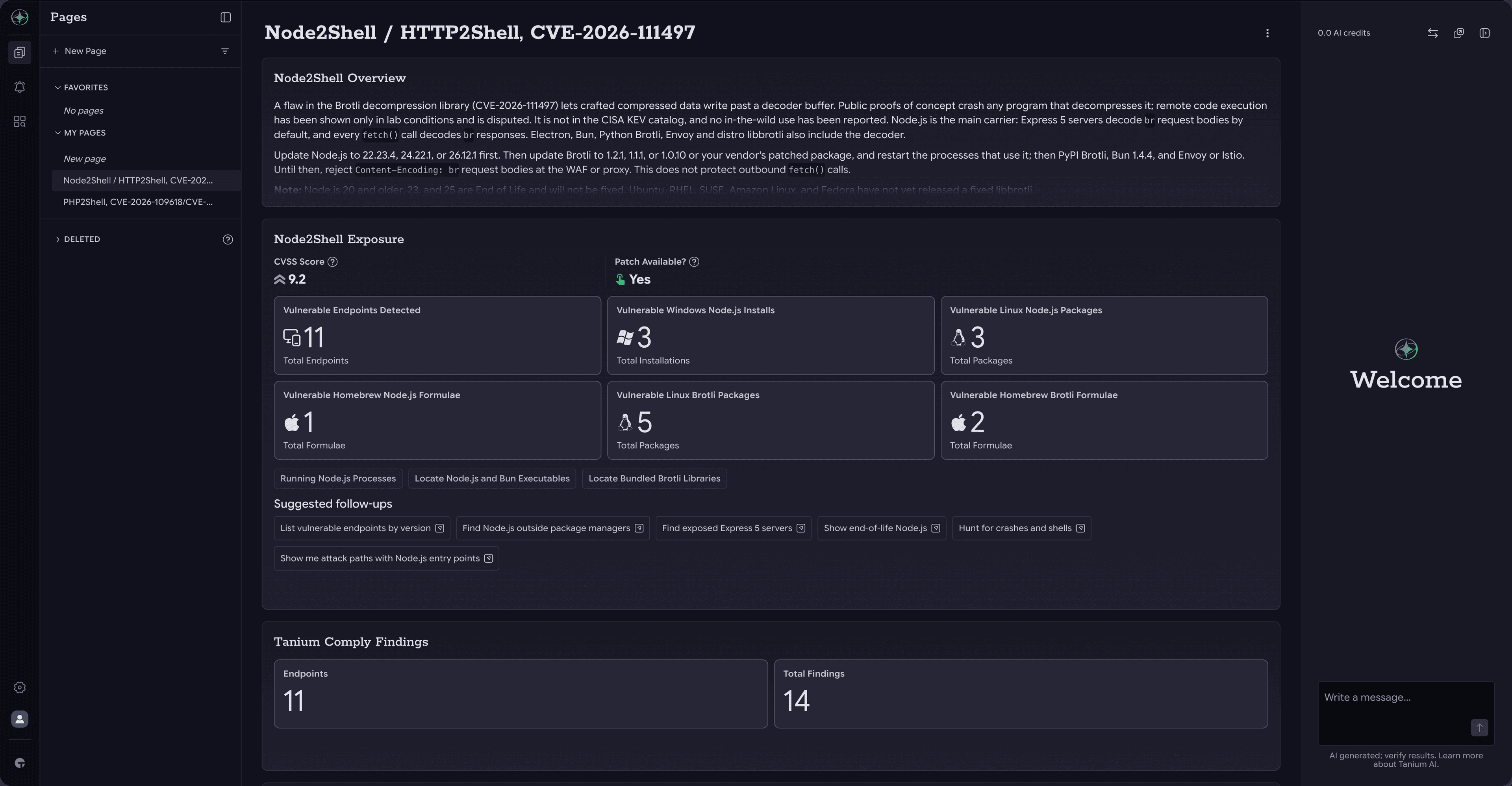 Página de Tanium Atlas correspondiente a Node2Shell / HTTP2Shell (CVE-2026-111497), en la que se muestra una puntuación CVSS de 9.2, la disponibilidad de parches y el número de terminales vulnerables, instalaciones de Node.js y paquetes Brotli