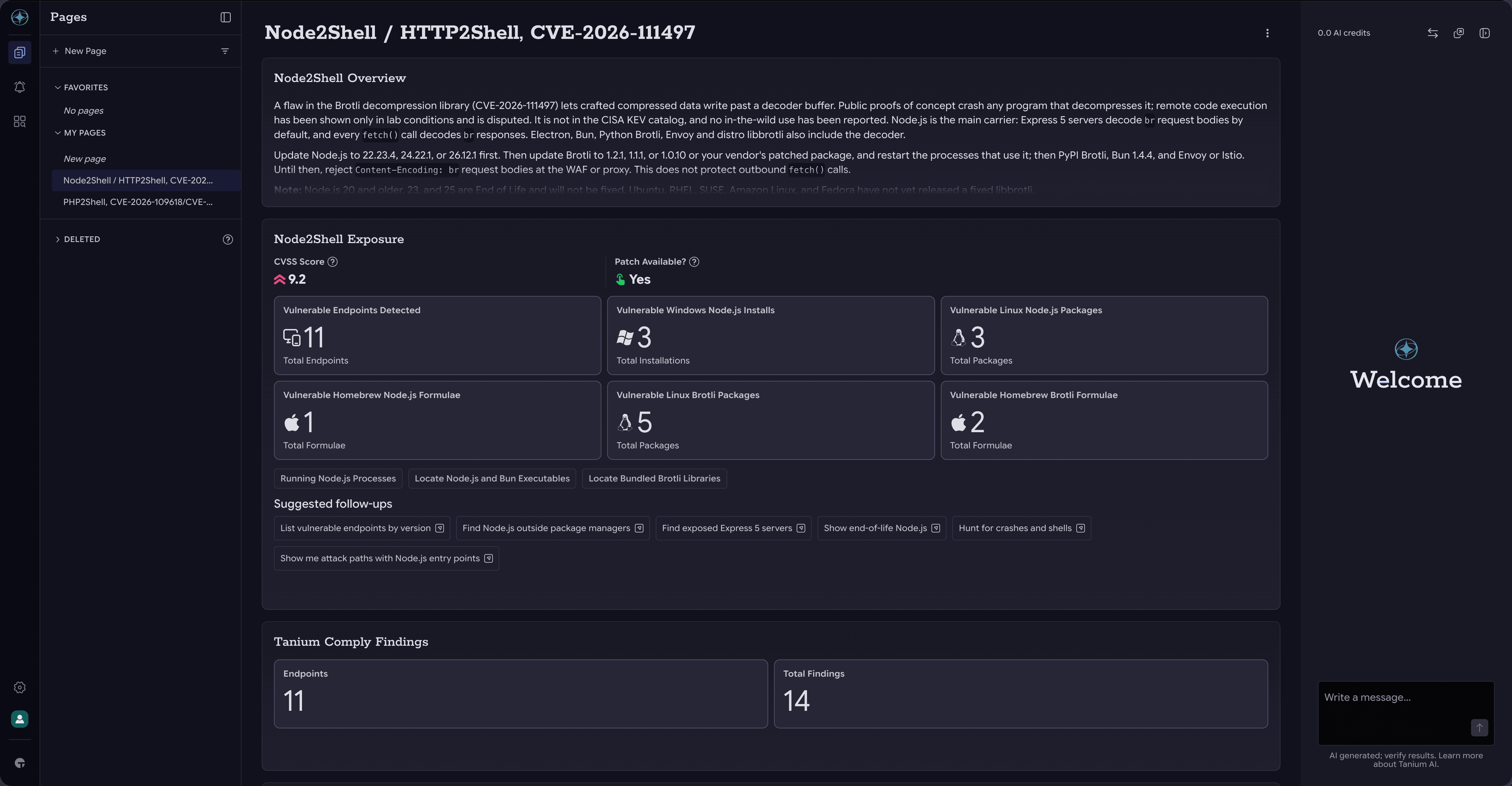 Página de Tanium Atlas correspondiente a Node2Shell / HTTP2Shell (CVE-2026-111497), en la que se muestra una puntuación CVSS de 9.2, la disponibilidad de parches y el número de terminales vulnerables, instalaciones de Node.js y paquetes Brotli