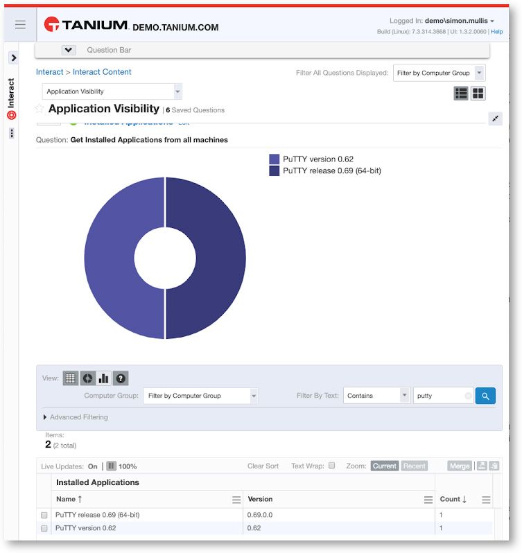 Captura de pantalla de «Tanium Application Visibility» en la que se muestra un gráfico circular con las versiones de PuTTY instaladas, junto con las preguntas guardadas y la lista de aplicaciones