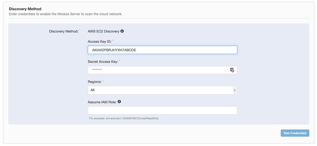 Captura de pantalla del formulario de configuración del método de detección «Tanium Discover», con los ajustes de detección de «AWS EC2 » y los campos de clave de acceso
