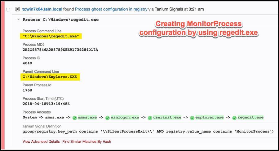 Alerta de Tanium Signals sobre una configuración fantasma del proceso a través de regedit