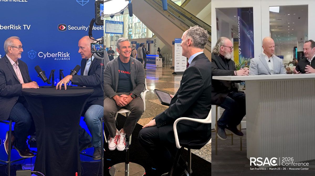 Tríptico de imágenes en las que aparecen directivos de Tanium concediendo entrevistas a los medios de comunicación en la RSAC 2026