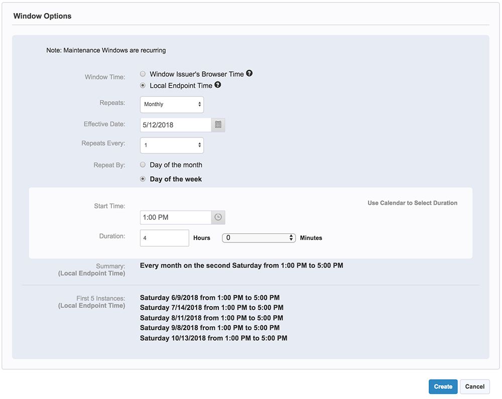 Formulario de configuración de las opciones de la ventana de Tanium Deploy para las ventanas de mantenimiento mensuales recurrentes