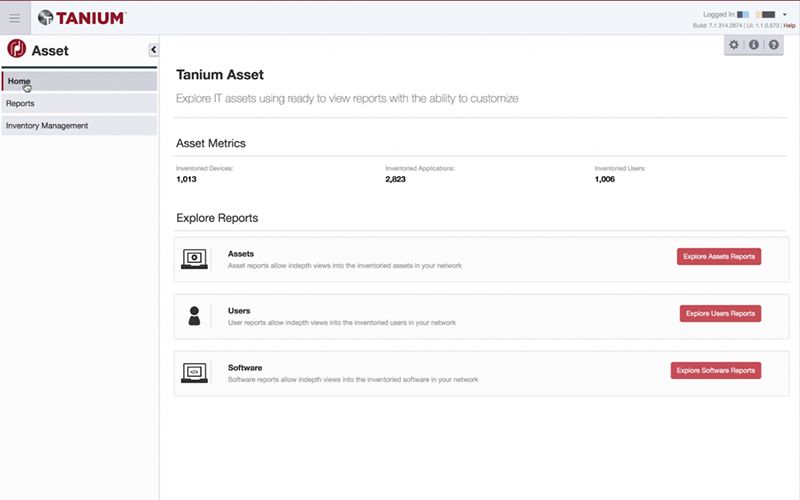 Captura de pantalla de Tanium Asset en la que se muestra la interfaz de inicio con las secciones «Asset Metrics» y «Explore Reports»