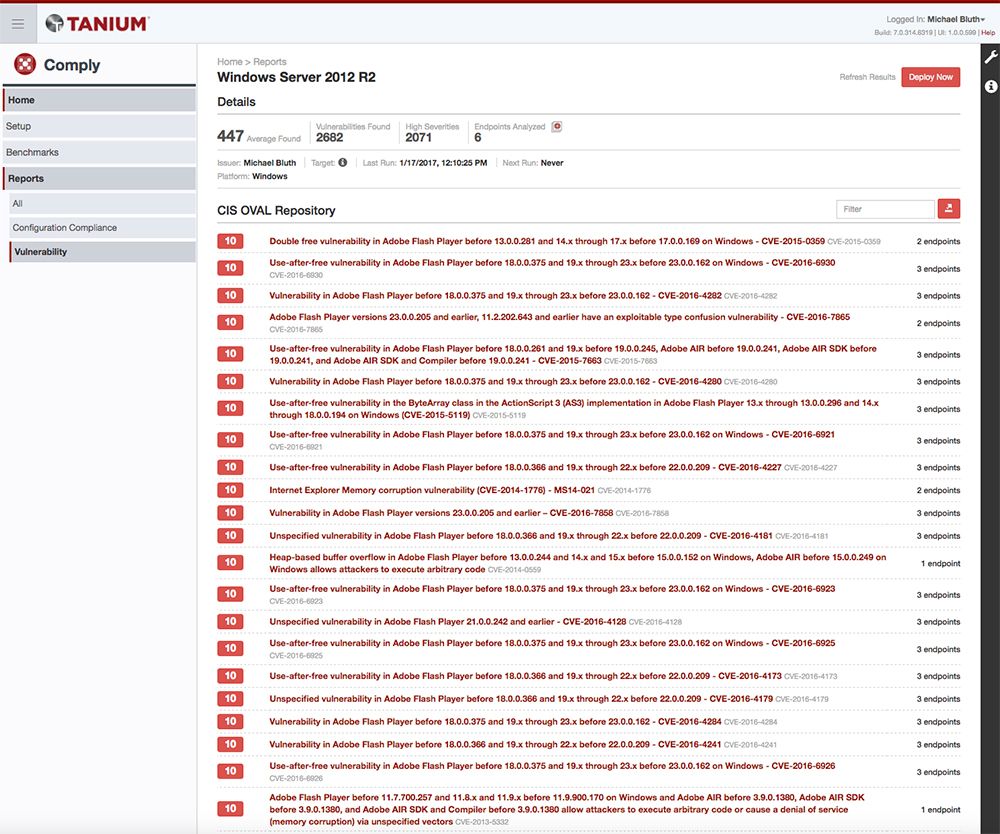 Informe de vulnerabilidades de Tanium Comply en el que se recogen las vulnerabilidades de Flash Player según el CIS OWAL y su impacto