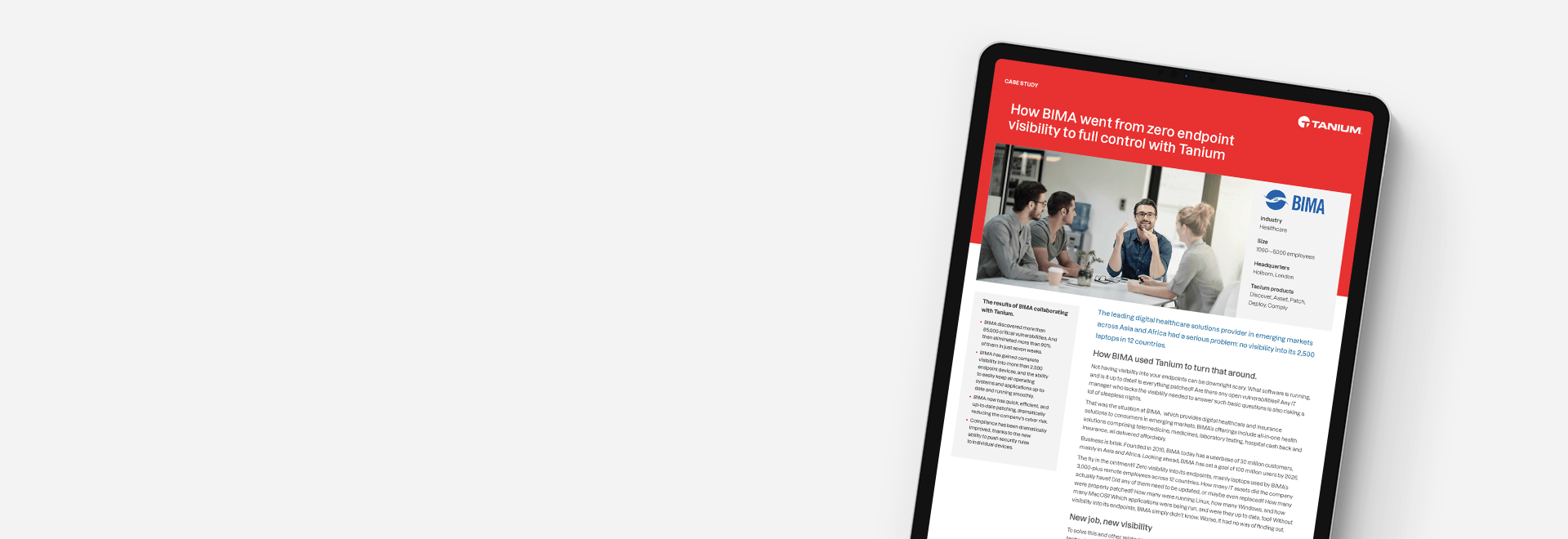 Tablet mockup of "How BIMA went from zero endpoint visibility to full control with Tanium" case study