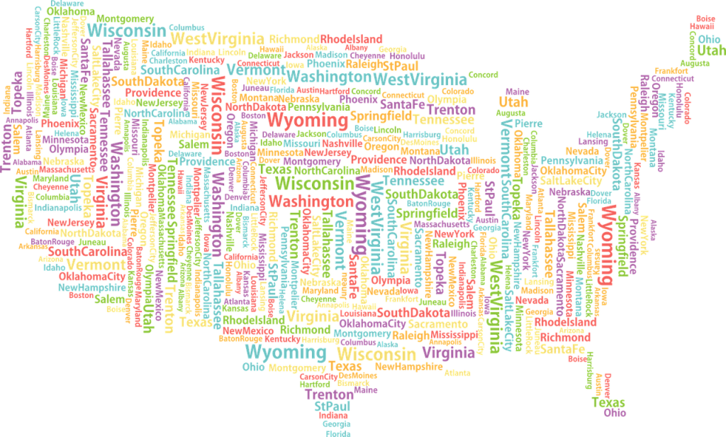 Nube de palabras de Estados Unidos en la que aparecen los nombres de los estados y las principales ciudades en distintos colores