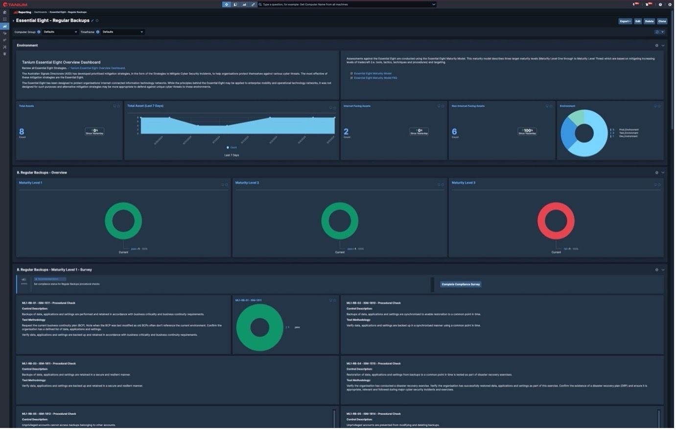 Captura de pantalla del panel de control de procedimientos de Essentail 8 en la consola de Tanium