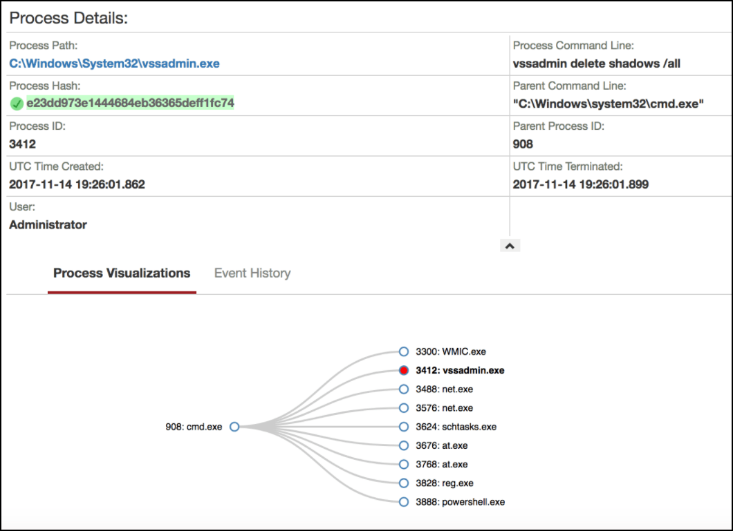 Captura de pantalla de la visualización del árbol de procesos en la que se muestran los procesos principales y secundarios generados por el malware SamSam