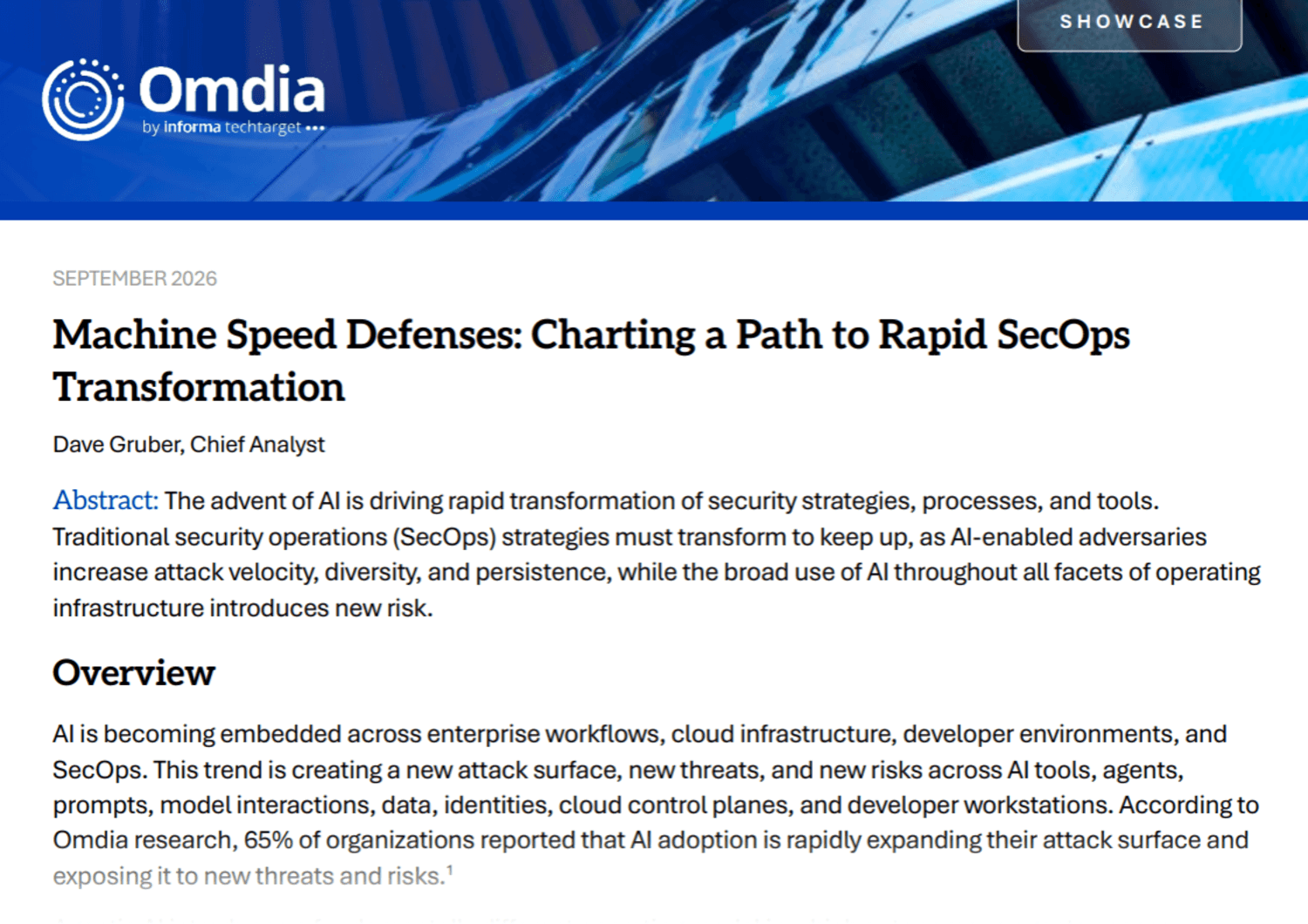 Primera página del artículo de Omdia Showcase titulado «Defensas basadas en la velocidad de las máquinas: trazando el camino hacia una rápida transformación de las operaciones de seguridad (SecOps)», de Dave Gruber, analista jefe