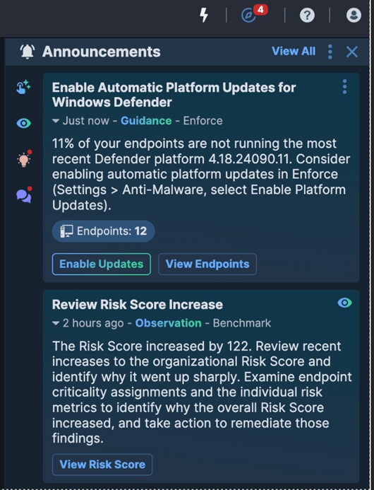 Captura de pantalla de Tanium Guide: Tanium Guide ofrece un resumen de notificaciones e información útil en una vista de notificaciones ligera y plegable, disponible independientemente de la ubicación en la que se encuentre el operador dentro de la consola de Tanium.