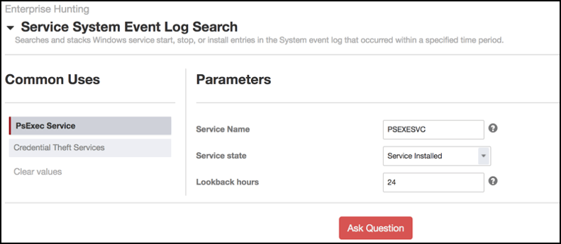 Captura de pantalla de la interfaz de búsqueda en el registro de eventos del sistema de servicios con los parámetros del servicio PsExec